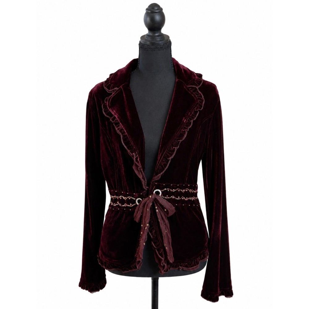 Cover Charge Brown Velvet Ruffle Tie Front Embellished Jacket Women's M